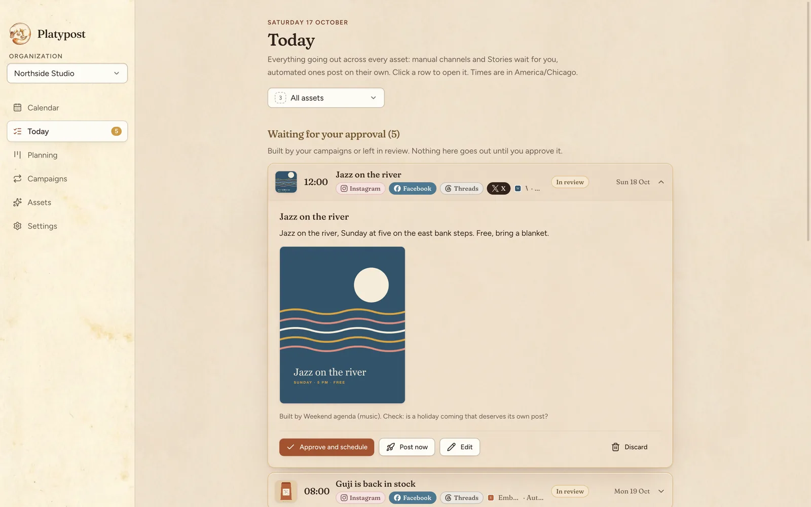 A post opened on Today: its caption, its picture, and the buttons to approve, post now, edit or discard it