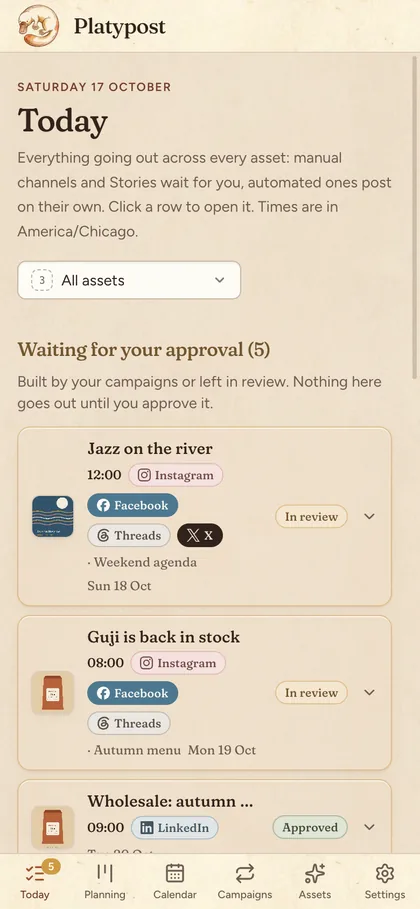 Platypost on a phone, with the same Today page