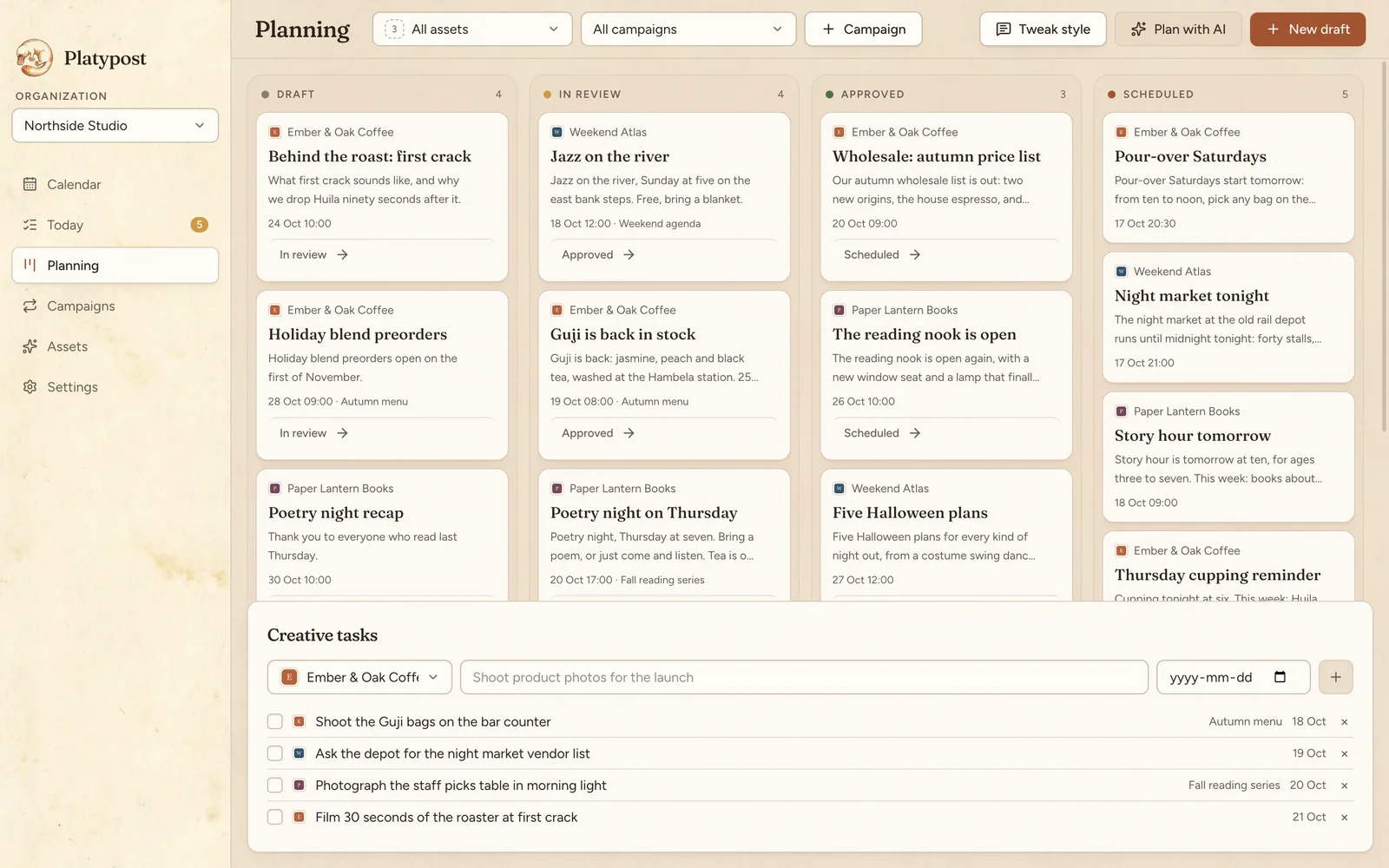 The planning board with columns for draft, in review, approved and scheduled